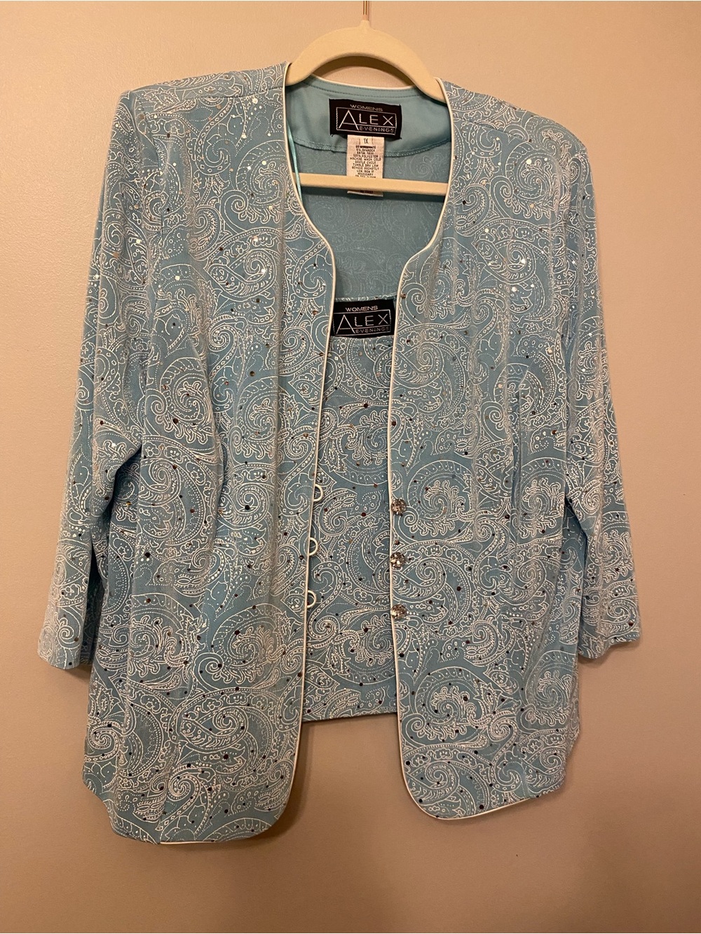 Alex Evenings Light Blue Paisley Open-Front Blazer with White Piping